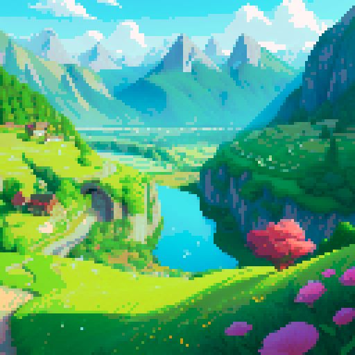 A serene side-scrolling landscape unfolds, featuring lush green fields that stretch endlessly. In the backdrop, majestic mountains rise with quiet grandeur. This picturesque scene, reminiscent of a side-scrolling game, seamlessly combines the tranquil beauty of expansive fields with the majestic presence of distant mountains, inviting exploration and capturing the essence of a digital adventure.
