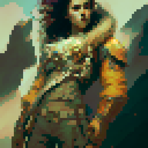 Fierce, muscular warrior with fiery red hair wielding a glowing, enchanted sword standing atop a craggy, mountain peak overlooking a fantastical landscape