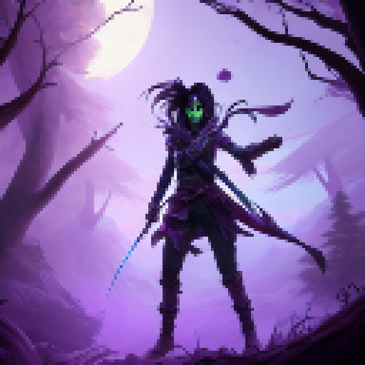 Akali, a fierce ninja warrior, navigates through a dark, mystical forest under the moonlight, with trees that tower above her and a mist that shrouds her stealthy movements, all in the style of a classic Fantasy RPG.