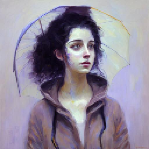 abstract concept art, art nouveau,impressionism,illustrious ,rainyday,umbrella 18 yo girl looking wet flower,black hair