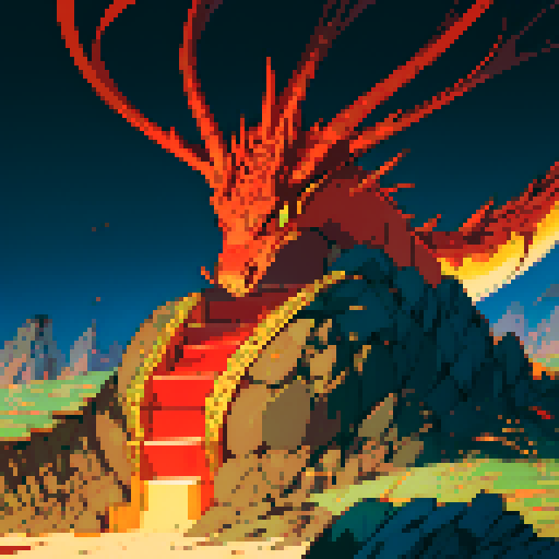fire dragon with shimmering red scales, hoard of gold coins glimmering in the background, dragon leisurely lounging on top of a massive pile of gold coins, dragon's majestic form taking up the full canvas with intricate pixel art details in a vibrant sRGB color palette