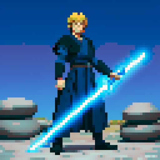 Jedi knight with blue light saber. He controls heavy stones with his jedi power. those stones are behind him.