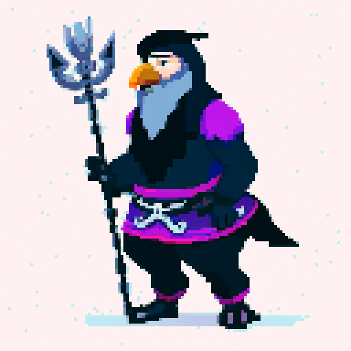 old antropomorphic raven druid with grey beard, with staff in hand