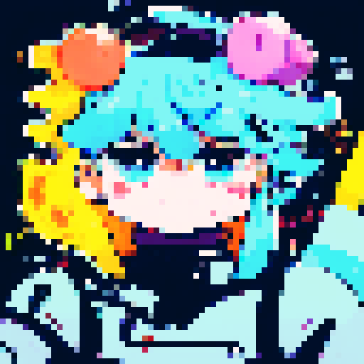 cute character with big, expressive eyes, long blue hair, vibrant neon colors, pixel art aesthetic, futuristic cityscape filled with towering skyscrapers and holographic billboards, glowing neon signs reflecting off rain-soaked streets, characters wearing edgy, futuristic fashion, dramatic lighting casting long shadows, intricate circuitry and glowing cybernetic, landscape portrait