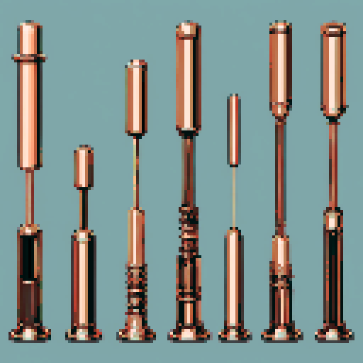 I want a tall vertical copper structure reminiscent of a organ pipe. It should have strange mechanical details that could interlock with each other. I also want this object usable as an asset in a videogame, meaning only one object per image, outlined with a strong black stroke, on a solid-color background.