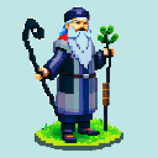 old raven-like druid with grey beard, with staff in hand