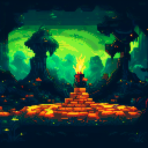 Cave with dark stalagmites on the top and bottom and a central shrine area flanked by torches with a platform in the center. Below the platform in the center of the piece is a pile of treasure and piles of golden coins and loot.
