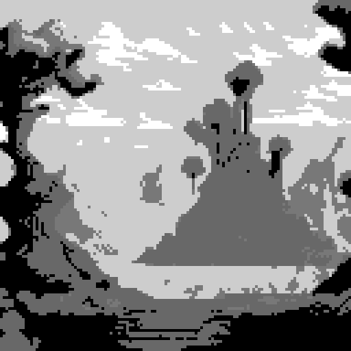 evil fantasy landscape, dead trees on floor, wasteland, jagged rocks, evil tower in background, sRGB, pixel art, background, landscape