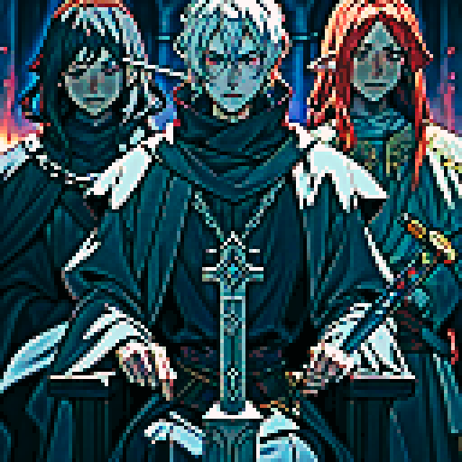 three men, king and his retinue, crown, light at the kind, dark place, king with sword, cant see eyes, eyes darken