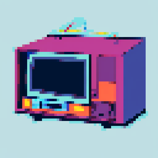 subject is Retro game console, controller plugged into old tv, TV shows image of a cabin on screen, in a cozy room, soft color palette