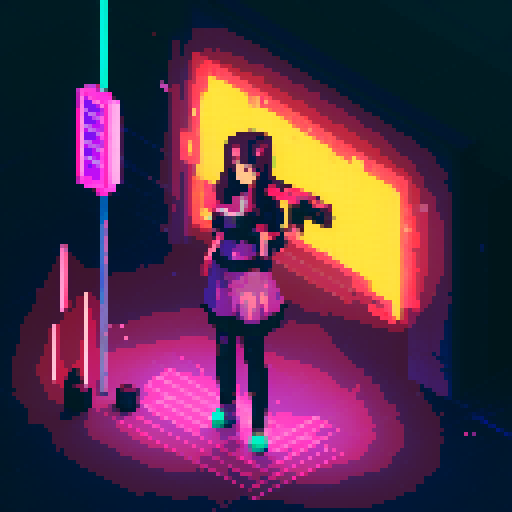 Street Mage anime girl with flowing hair, fluorescent tattoos, and a pixelated sniper rifle, navigating through a purple neon-lit night market and an sRGB glow
