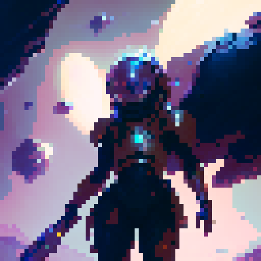 Radiant in her gleaming armor, a space warrior charges forward on a mission with her massive, shining lance, ready to face any otherworldly foe in a fantastical RPG universe