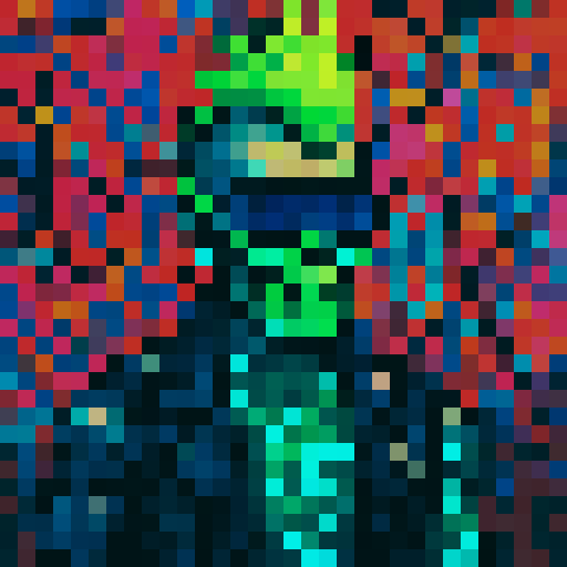 punk with neon green mohawk, futuristic sunglasses, pixelated skull face, glowing digital tattoos, cybernetic arm, vibrant street graffiti background