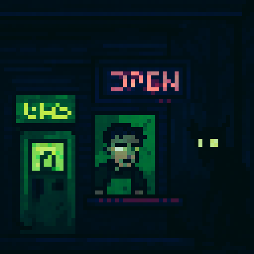 "Create a 16-bit pixel art scene of a creepy gas station at night, inspired by Tales from the Gas Station. Include a neon-lit gas pump, a flickering 'Open' sign, and a dark, eerie forest background. Feature a tired clerk in an apron behind the counter and a shadowy, cryptid-like customer with glowing eyes. Use a moody palette of neon greens, purples, dark blues, and blacks. Style: retro, detailed, spooky yet humorous, 32x32 pixel resolution."

