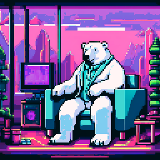 "An 8-bit pixel art of a wealthy polar bear in a high-tech mansion. The bear, in a suit and sunglasses, lounges on a sleek sofa surrounded by holographic displays, LED lighting, and smart glass walls. Crypto symbols glow on digital panels, and a workstation with trading charts highlights his success. A panoramic window reveals icy mountains, blending luxury and futuristic tech."