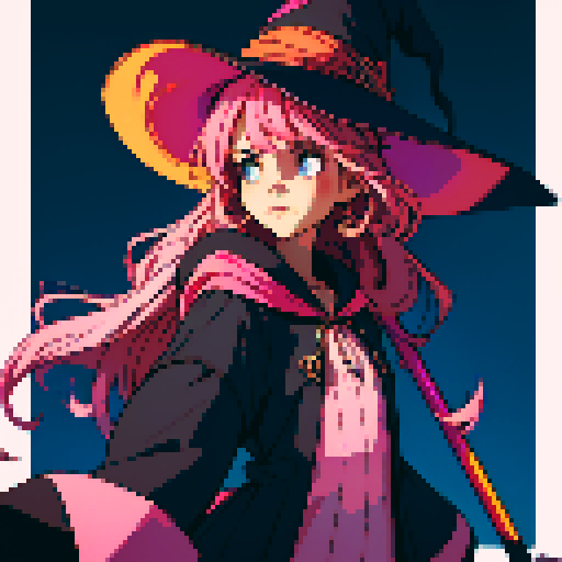 cute witch, long pink hair, staff, witch's hat, witch's dress, pixel art style, sRGB