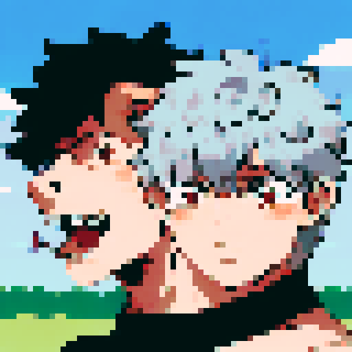 Two muscular men stroke each other's hard cocks in a picturesque setting, one in a landscape pose and the other in portrait, surrounded by lush greenery and a clear blue sky.