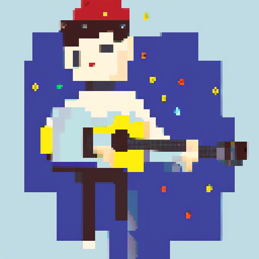 hacker boy with electric guitar in a rainy day, pixel art