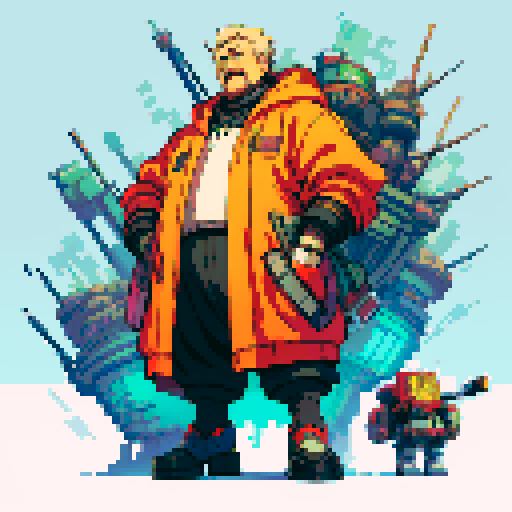 fat mad scientist, full-body image, facing left, giant robot, robot, exaggerated proportions, pixelated details, sRGB, pixel art