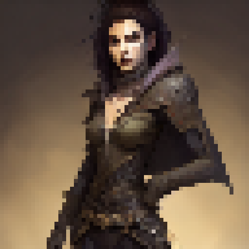 A half-elf rogue character standing in a dimly lit alley, wearing a dark cloak, leather armor, and boots with daggers strapped to her belt, holding a lockpick in one hand and a stolen gem in the other, a hint of a mischievous grin on her face, Artwork, pen, and ink on paper