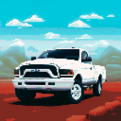 Photorealistic whole Ram pick-up, centered, three-quarter view, right front wheel, clean background, sRGB colors, pixel art style