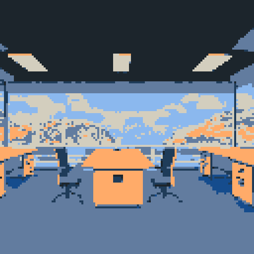 top down office, tables modern monitors, clean, minimalist