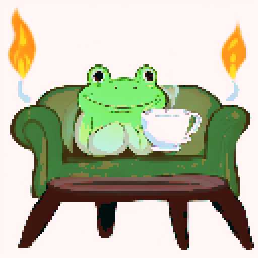 In the cozy ambiance of a dimly lit room, a small, jovial frog perches comfortably upon a plush couch chair, its diminutive size emphasized by the vastness of the furniture. The flickering flames of a nearby fireplace cast a warm glow, enveloping the space in a soft, golden light, creating an atmosphere of comfort and relaxation. With a mug clasped delicately between its tiny webbed fingers, the contented frog takes a sip of steaming coffee, its expression reflecting pure bliss.