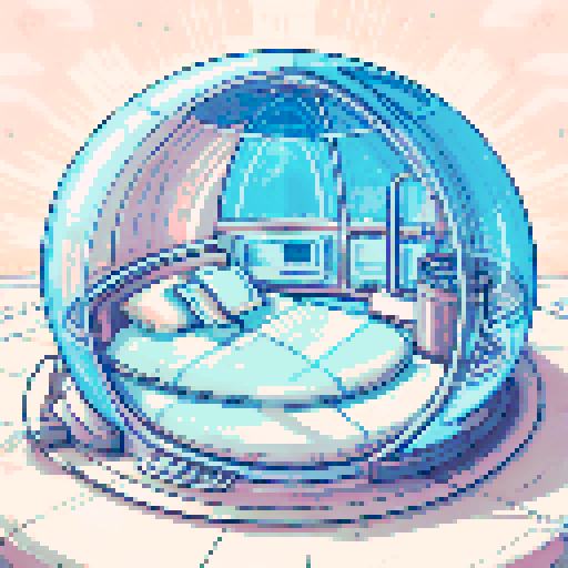 inside of a spherical space pod, a person sleeping in the middle in a cryo pod, top half of the space pod is glass looking out to space