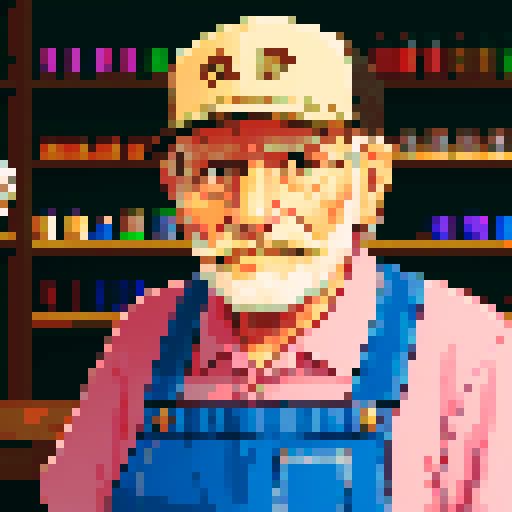 portrait, sprite art, old man, store clerk, rustic, soft eyes, trucker, smoker