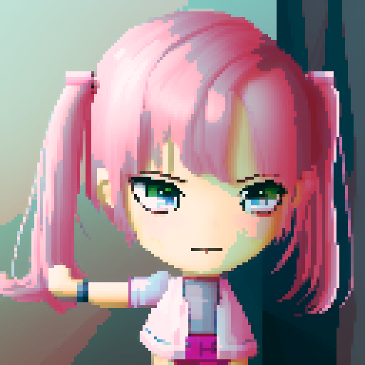 1 girl, pink short hair, short pigtails, pink eyes, pixel art