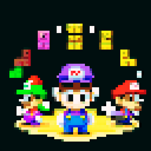 The Mario characters Yoshi, Peach, Waluigi, Daisy, and Toad standing together
