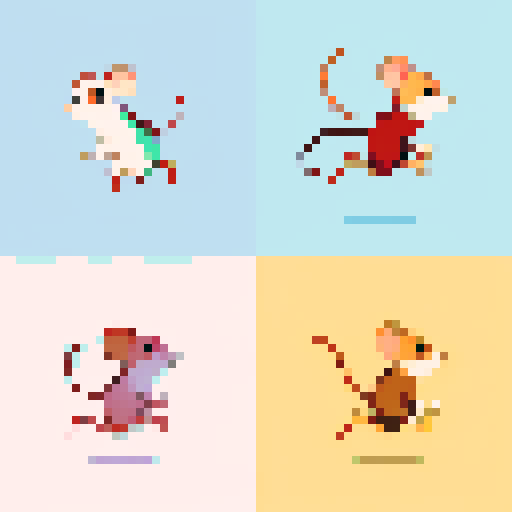 Create 4 images, showing the mouse character in the reference image in a sequence of movements representing the character running over a clear background