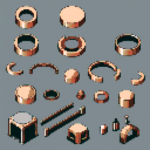 I want one wide circular copper mounting piece. It should have a large flat space on top to connect something. I want this object usable an asset in a videogame, meaning only one object per image, outlined with a strong black stroke, on a solid-color background.