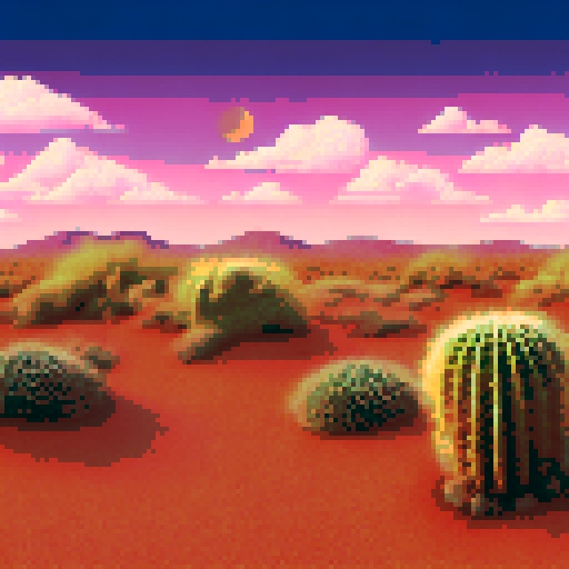 sandy desert with dunes and mesas. Tan and brown sand, with a pink and yellow sunset sky with wispy clouds. Speckled cacti.