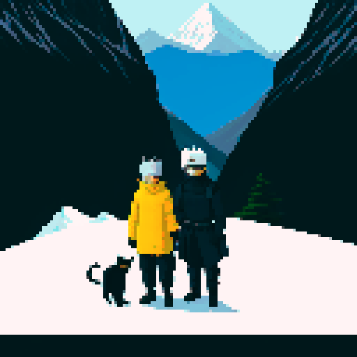 Hatake Kakashi with a black cat with yellow eyes on his shoulders in the himalayas