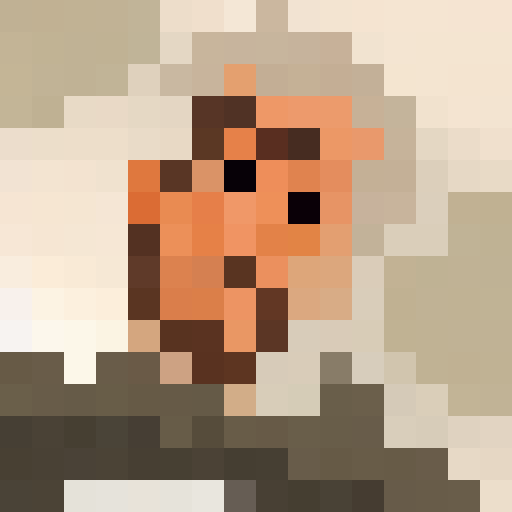 Man, rugged, bearded, staring intently, surrounded by towering trees, with leaves crunching underfoot, creating a moody, atmospheric, pixelated 16x16 game icon that zooms in for a dramatic close-up portrait shot.