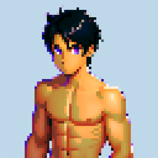 male black hair, pixel art, sRGB, purple eyes, tanned skin