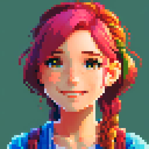 stardew valley-inspired, woman, pixel art, sRGB, vibrant colors, rustic backdrop, braided hair, glowing skin, gentle smile, freckles, rosy cheeks