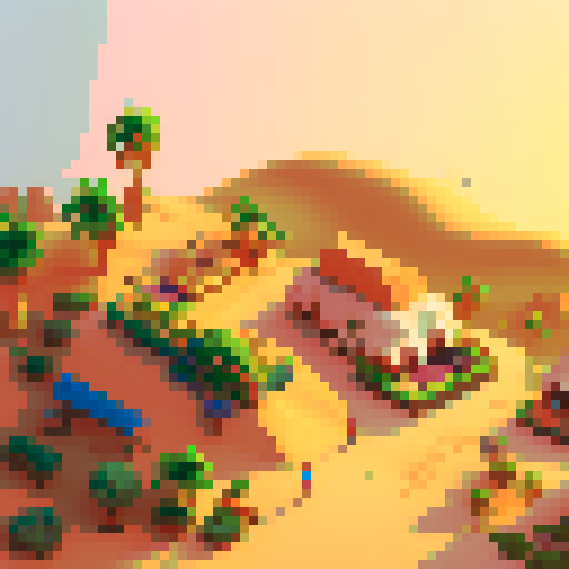desert village, bustling market, towering sand dunes, colorful rooftops, winding narrow streets, palm trees swaying, vibrant rugs, distant oasis, golden sunsets, sandstone buildings, mosaic patterns, pixel art