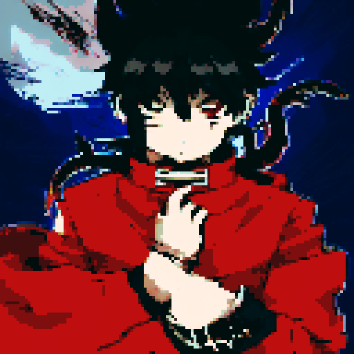 Male half-demon warrior, short black hair, captivating fusion of dark and fiery elements, red eyes reflecting fierce determination and vulnerability, attire blending traditional and modern influences from human and demon, character portrait, anime style, pixel art, close-up