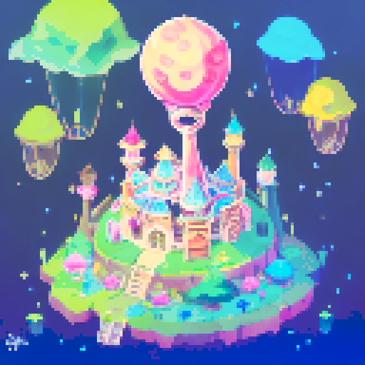 wide shot amusement park, vibrant colors, bustling crowds, whimsical carousel, towering roller coaster, neon signs, ferris wheel in motion, candy-colored stalls, swirling cotton candy, children with balloons, animated characters, pixelated fireworks illuminating the night sky, pixel art style