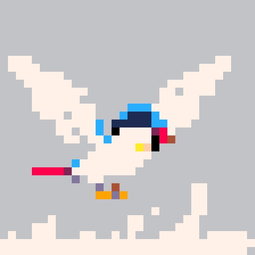 Arctic tern game character, pico-8 pixel art, flying gracefully, icy blue feathers, sharp red beak, elegant wings spread