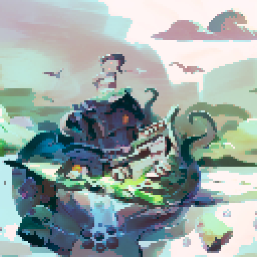 a main character, a few goblins in the background with bow, sword, spear, a mountain in the background.