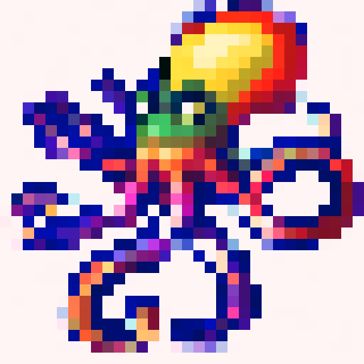 colorful, tentacled kraken, with vibrant hues, in a game icon style, showcasing intricate 32x32 pixel art, utilizing the sRGB color space, skillfully crafted in a close-up portrait format