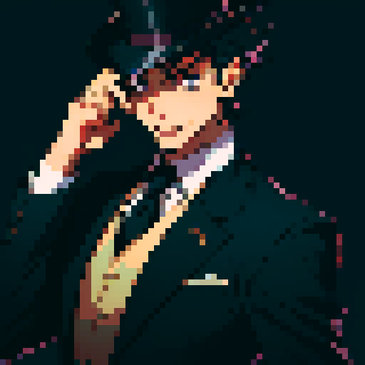 A Guy In A Black Formal Suit, With A Tie And Top Hat, And A Smile Mask Covering His Entire Face. Gold Details On The Suit. Anime Style