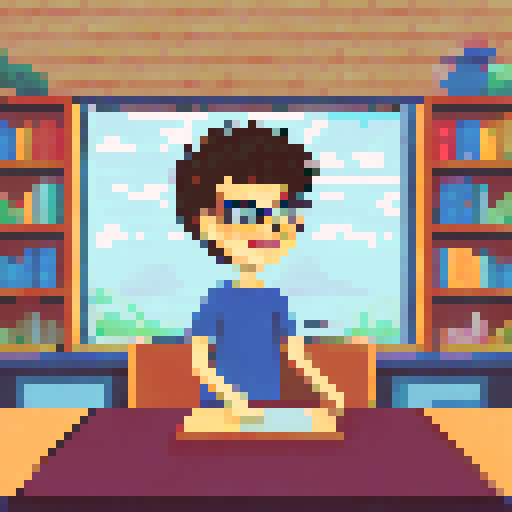 Curly-haired teenboy, glasses on nose, sits on a front-facing table surrounded by a bookshelf landscape , passionately explaining something to me