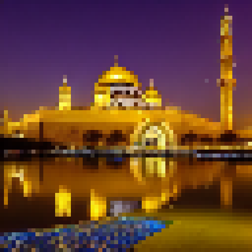 Mosque with towering minarets and golden domes stands proudly beneath a crescent moon and twinkling stars, enveloped by fluffy, white, cotton candy-like clouds.
