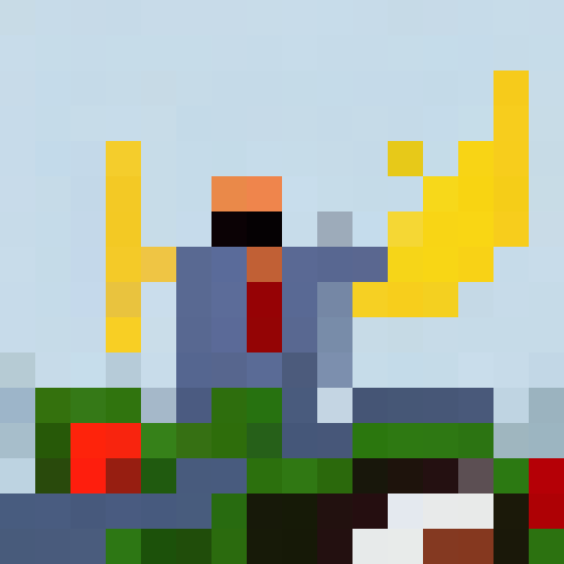 Pixelated self-portrait featuring a quirky, bespectacled character with a bushy mustache, wearing a vibrant Hawaiian shirt and holding a giant slice of watermelon.