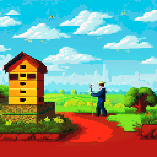 a beekeeper tending his hives in a apiary surrounded by hives. the english country side is in the background. blue sky. clouds