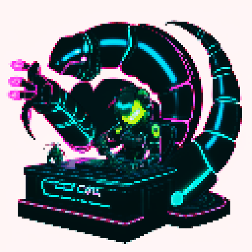 cute cyberpunk scorpion with expressive joyful eyes, and a playful smile, scorpion is playing computer games, tables with coca cola, scorpion's tail should be fully in the picture, bright yellow and cyan and pink lights